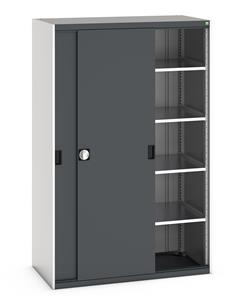 Bott cubio cupboard with lockable sliding doors 2000mm high x 1050mm wide x 650mm deep and supplied with 2 x 160kg capacity shelves.   Ideal for areas with limited space where standard outward opening doors would not be suitable.... Bott Cubio Sliding Solid Door Cupboards with shelves and drawers 1600mm high option available